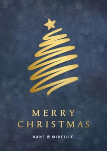 Stijlvolle donkerblauwe kerstkaart met een lijn kerstboom