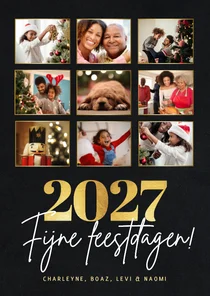 Stijlvolle fotocollage kertskaart met foto's en gouden 2027