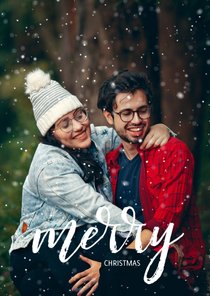 Stijlvolle fotokaart met sneeuw en merry christmas