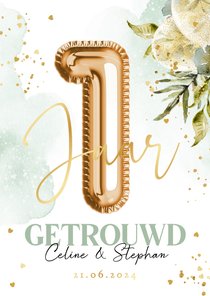 Stijlvolle jubileumkaart 1 jaar getrouwd botanisch goud