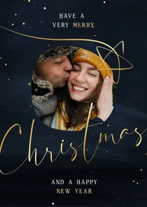 Stijlvolle kerstkaart donkerblauw met foto en gouden ster