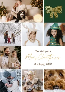 Stijlvolle kerstkaart fotocollage minimalistisch strik goud