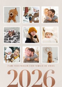 Stijlvolle kerstkaart groot jaartal 2026 en fotocollage