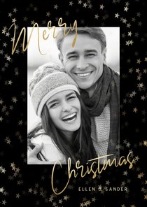 Stijlvolle kerstkaart grote foto, sterren en Merry Christmas
