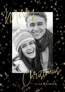 Stijlvolle kerstkaart grote foto, sterren en Merry Christmas
