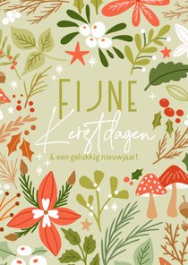 Stijlvolle kerstkaart met bloemen en bladeren