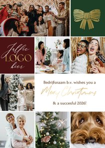 Stijlvolle kerstkaart zakelijk fotocollage strik goud logo