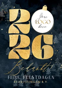Stijlvolle kerstkaart zakelijk jaartal goud logo kerstbal