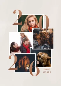 Stijlvolle nieuwjaarskaart 2026 fotocollage in rosegoud