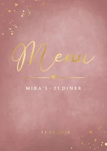 Stijlvolle oud roze 21 diner menukaart met gouden spetters
