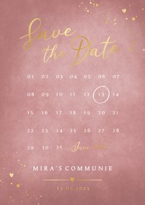 Stijlvolle oud roze Save the Date kalender communie kaart