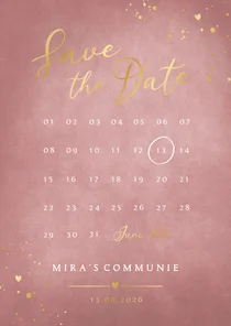 Stijlvolle oud roze Save the Date kalender communie kaart