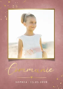 Stijlvolle oudroze uitnodiging voor communie met eigen foto
