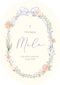 Stijlvolle ovale communiekaart strik met aquarel bloemen