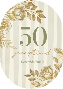 Stijlvolle ovale jubileumkaart met gouden bloemen en strepen