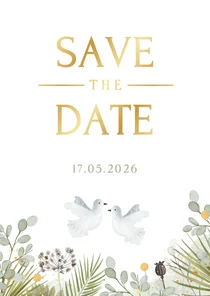 Stijlvolle Save the Date kaart met 2 witte duiven en planten