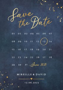 Stijlvolle Save the Date kaart met kalender en goudfolie