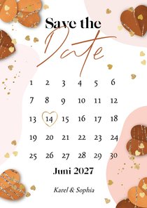 Stijlvolle save the date organische vormen hartjes goud