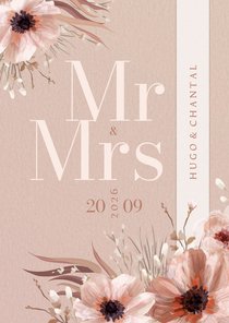 Stijlvolle trouwkaart botanisch Mr & Mrs met wikkel effect 
