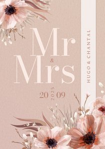 Stijlvolle trouwkaart botanisch Mr & Mrs met wikkel effect 