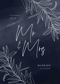 Stijlvolle trouwkaart mr en mrs just married zilver takjes