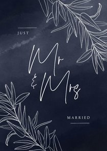 Stijlvolle trouwkaart mr en mrs just married zilver takjes