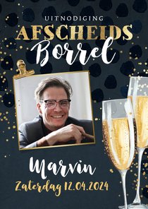 Stijlvolle uitnodiging afscheidsborrel champagneglazen goud