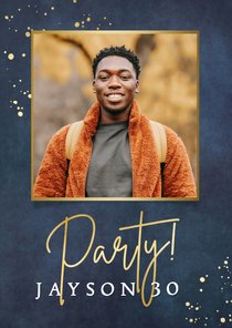 Stijlvolle uitnodiging verjaardags man met foto en spetters