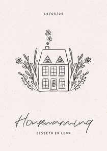 Stijlvolle uitnodiging voor een housewarming met huisje