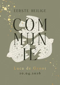 Stijlvolle uitnodigingskaart eerst communie duiven goud