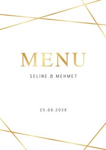 Stijlvolle witte menukaart staand met gouden lijnen