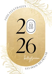 Stijlvolle zakelijke kerstkaart ovaal goud logo en takjes