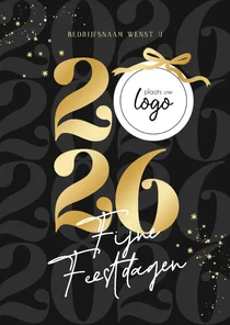 Stijlvolle zakelijke kerstkaart zwart goud jaartal en strik