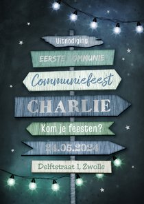 Stoere uitnodiging communie lentefeest wegwijzers lampjes