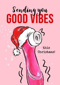 Stoute kerstkaart 'Good vibes satisfyer' kerstmuts sterren