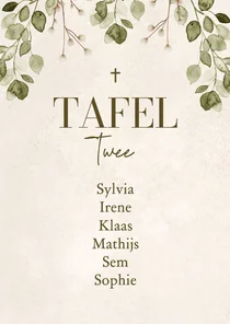 Tafelkaartje communiefeest eucalyptus zand stijlvol natuur