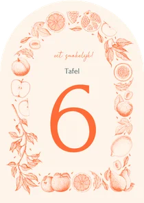 Tafelnummer boogvorm met vintage lijntekeningen van fruit