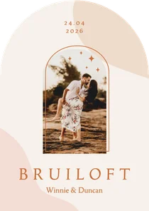 Trendy boog vorm trouwkaart in roze aardetinten met foto