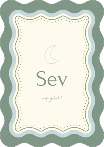 Trendy geboortekaartje met golvend kader en maan