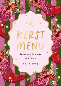 Trendy kaart kerstmenu cowboylaars botanische kersttakken