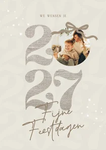 Trendy kerstkaart beige strik jaartal linnenlook met foto