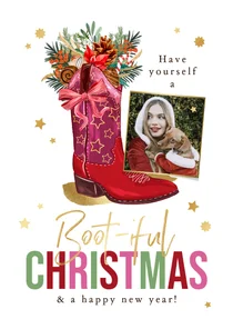 Trendy kerstkaart 'Boot-iful Christmas' laars botanisch goud