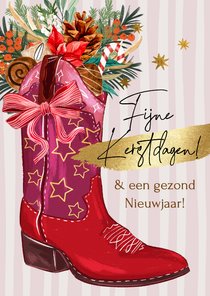 Trendy kerstkaart botanisch cowboylaars sterren goud