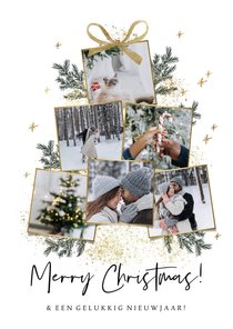 Trendy kerstkaart fotocollage kerstboom goudlook strik