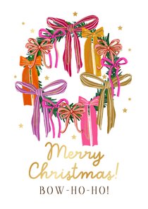 Trendy kerstkaart kerstkrans strikken kleurrijk ster goud