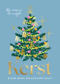 Trendy kerstkaart kitsch kerstboom versiering goud sterren