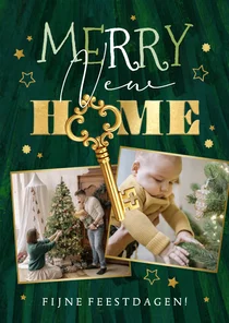 Trendy kerstkaart Merry new home sleutel sterren goud