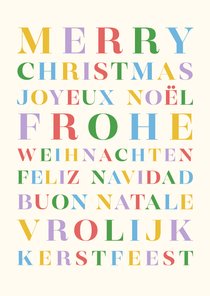 Trendy kerstkaart regenboog typografie diverse talen