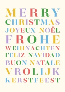 Trendy kerstkaart regenboog typografie diverse talen