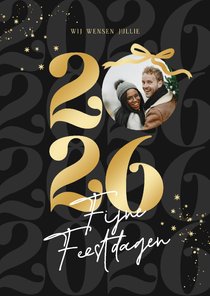 Trendy kerstkaart zwart strik jaartal goudlook met foto